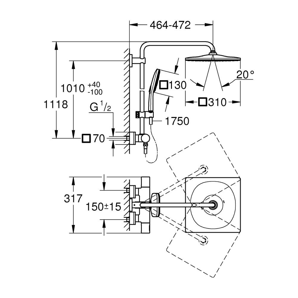 Grohe Rainshower SmartActive 310 Duschsystem, Hard Graphite, 450mm Duscharm, Kopfbrause... GROHE-26837A00 4005176743542 (Abb. 3)