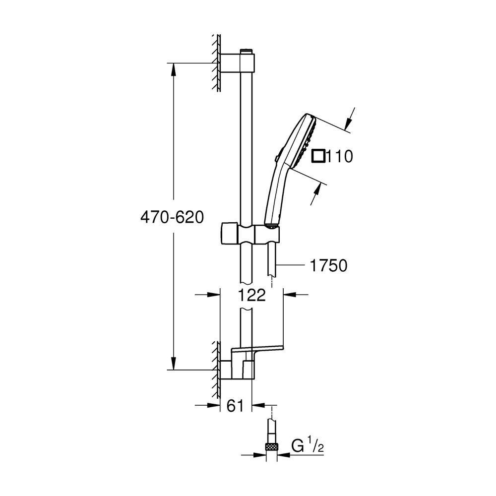 Grohe Tempesta Cube Brausestangenset 110, 600mm, 2 Strahl, Ablage, 7,4l/min, Chrom, Bra... GROHE-26907003 4005176768231 (Abb. 3)