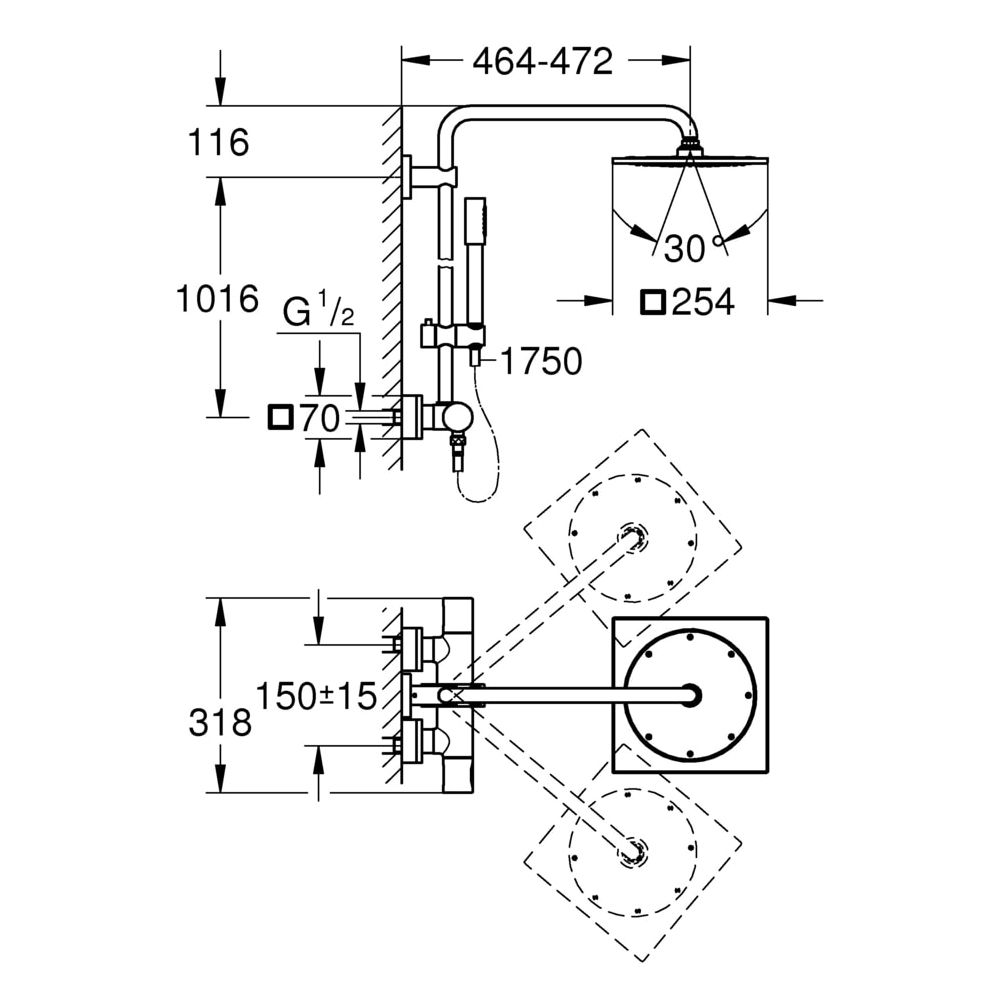 Grohe Rainshower F-Series 254 Duschsystem mit Aufputz-Thermostatbatterie, Wandmontage, Brausearm 450... GROHE-27469000  (Abb. 3)