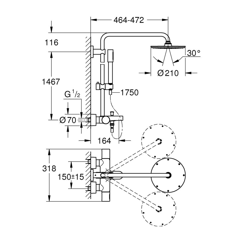 Grohe Rainshower System 210 Duschsystem Wandmontage mit Thermostat-Wannenbatterie und K... GROHE-27641000 4005176901645 (Abb. 3)