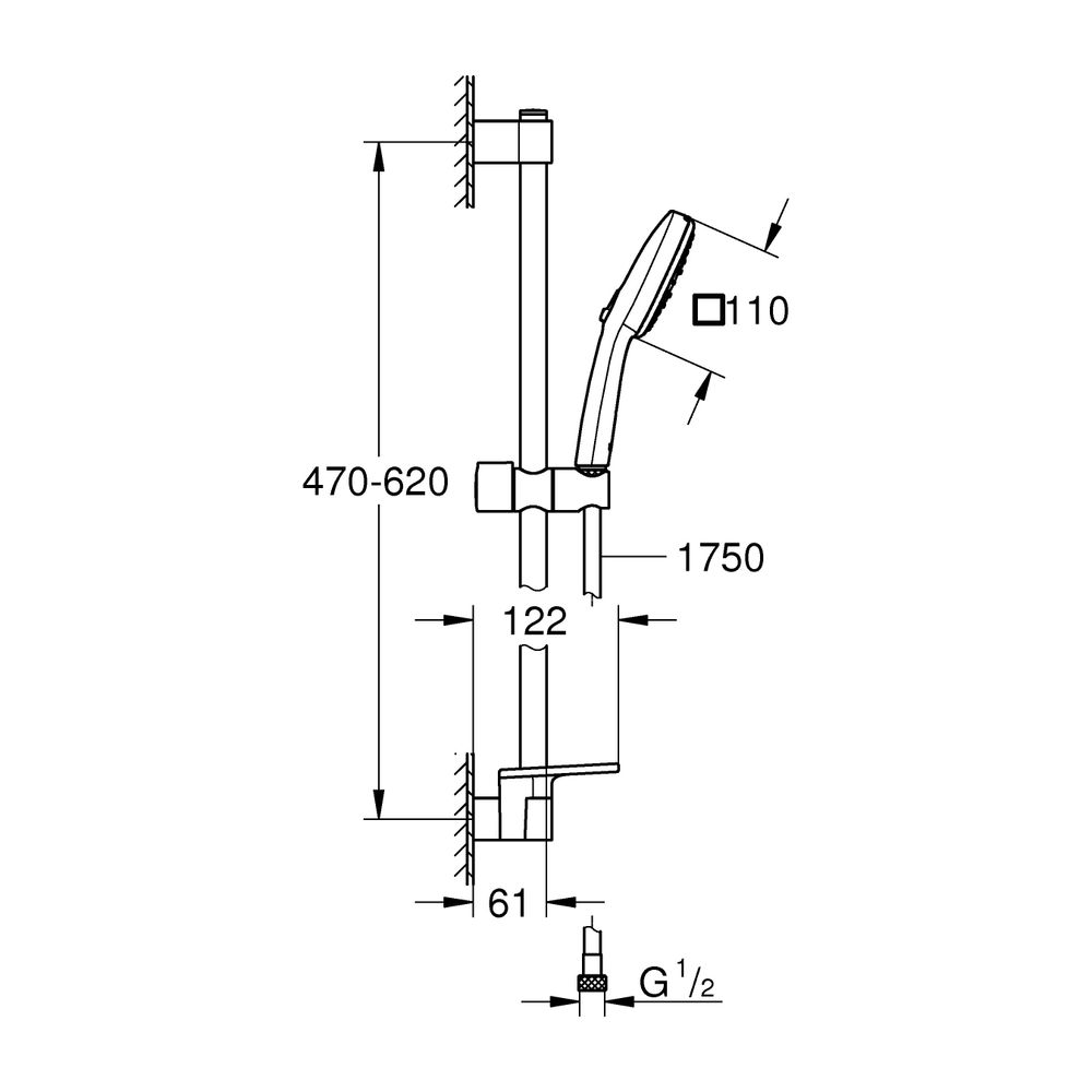 Grohe Tempesta Cube Brausestangenset 110, 600mm, 3 Strahl, 13,5l/min, Chrom, Brauseschl... GROHE-27929003 4005176768255 (Abb. 3)