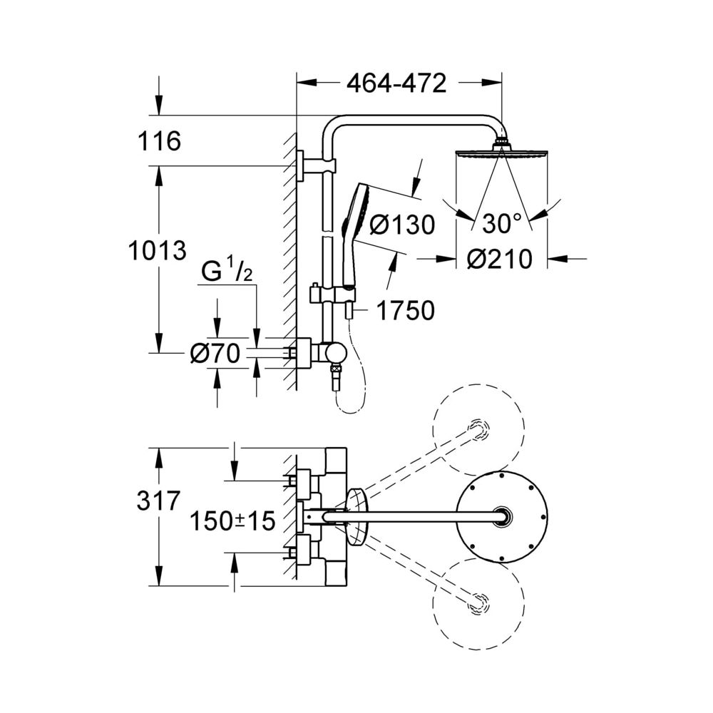 Grohe Rainshower System 210 Duschsystem mit Thermostatbatterie für die Wandmontage, mit Thermostat, ... GROHE-27967000  (Abb. 3)