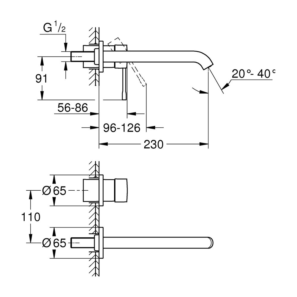 Grohe Essence 2-Loch-Waschtischbatterie, Wandmontage, Fertigmontageset, 230mm Ausladung... GROHE-29193A01 4005176711916 (Abb. 5)