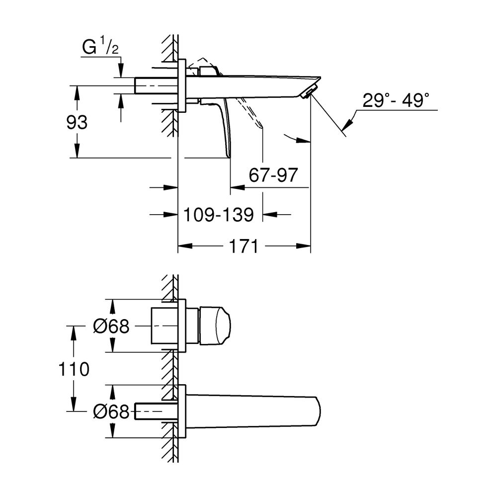Grohe Eurosmart 2-Loch-Waschtischbatterie, Wandmontage, Fertigmontageset, Einhand-Metal... GROHE-29337003 4005176613432 (Abb. 9)