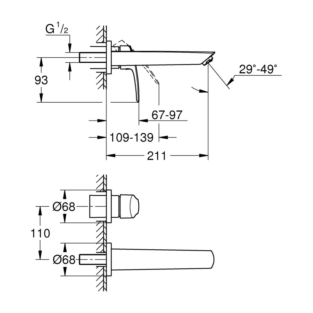 Grohe Eurosmart 2-Loch-Waschtischbatterie, Wandmontage, Fertigmontageset, Einhand-Metal... GROHE-29338003 4005176613449 (Abb. 9)