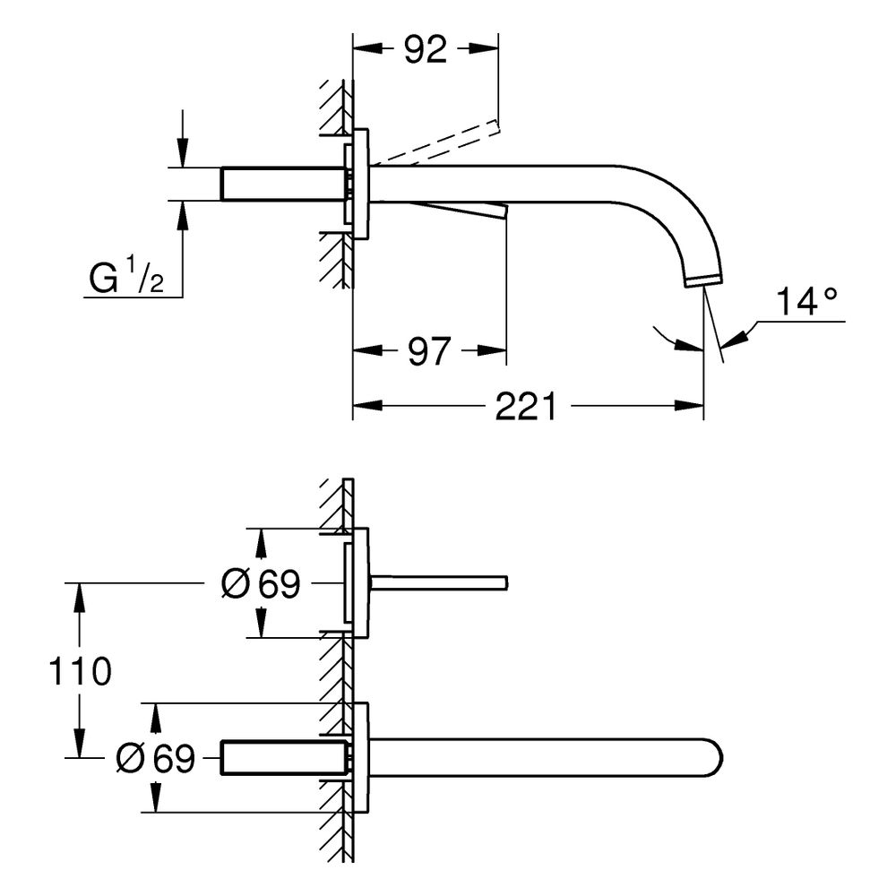 Grohe Atrio 2-Loch-Waschtischbatterie, Wandmontage, Fertigmontageset, Ausladung 221mm, ... GROHE-29406KF0 4067393056621 (Abb. 3)