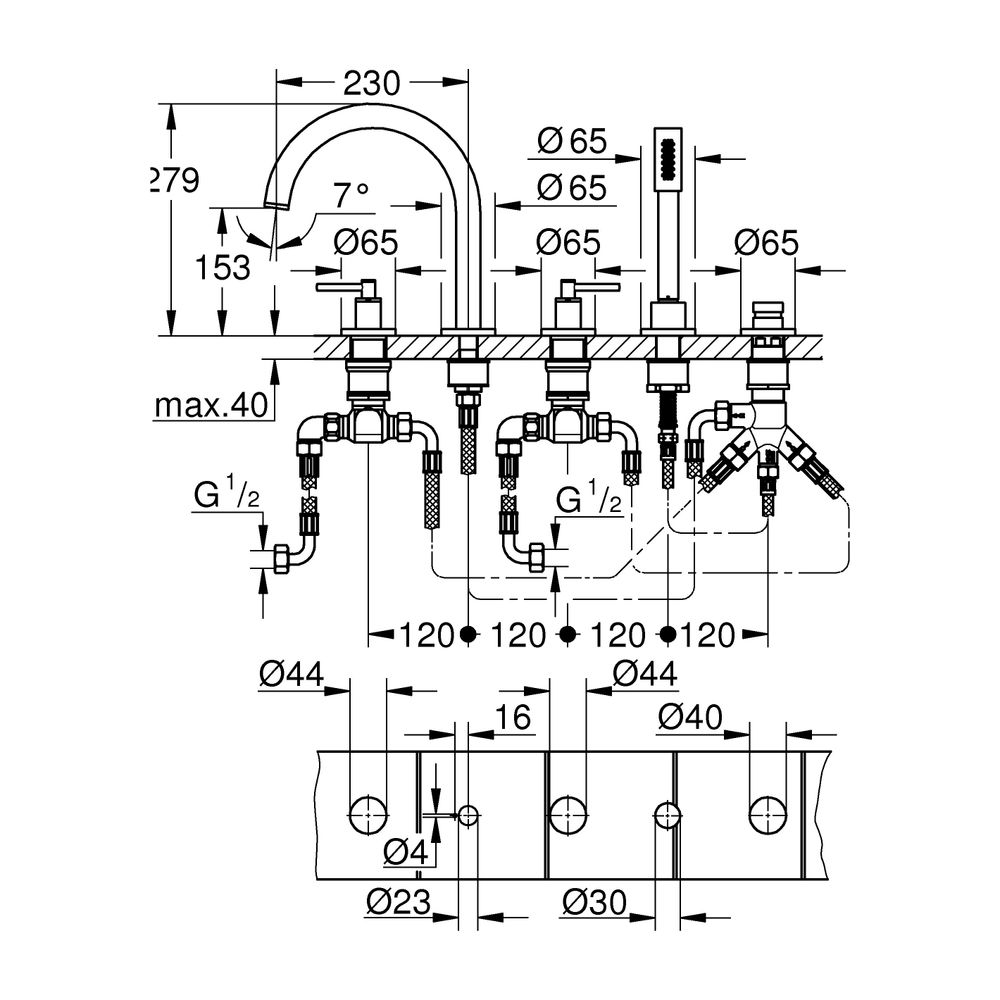 Grohe Atrio 5-Loch-Wannenkombination, Fertigmontageset mit Hebelgriffen, eigensicher, W... GROHE-29407DL0 4005176952517 (Abb. 3)