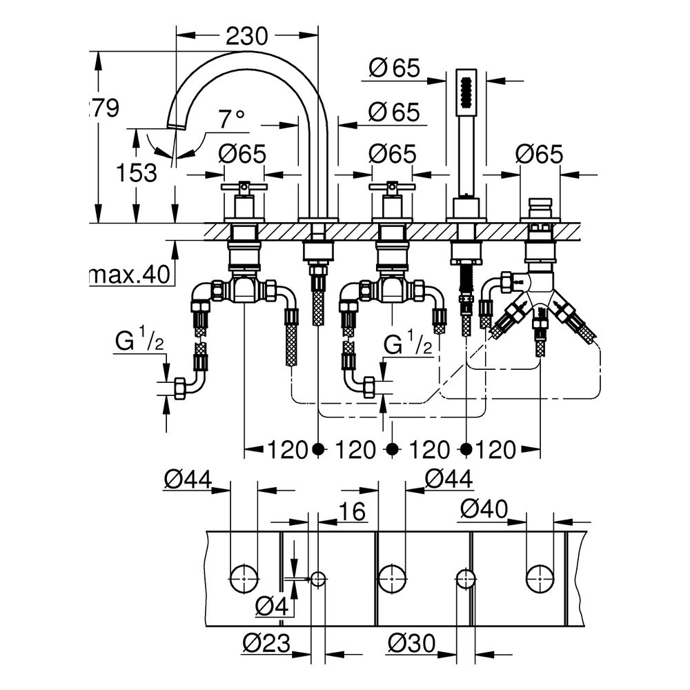 Grohe Atrio 5-Loch-Wannenkombination, Fertigmontageset mit Kreuzgriffen, eigensicher, S... GROHE-29408MG0 4005176945069 (Abb. 3)