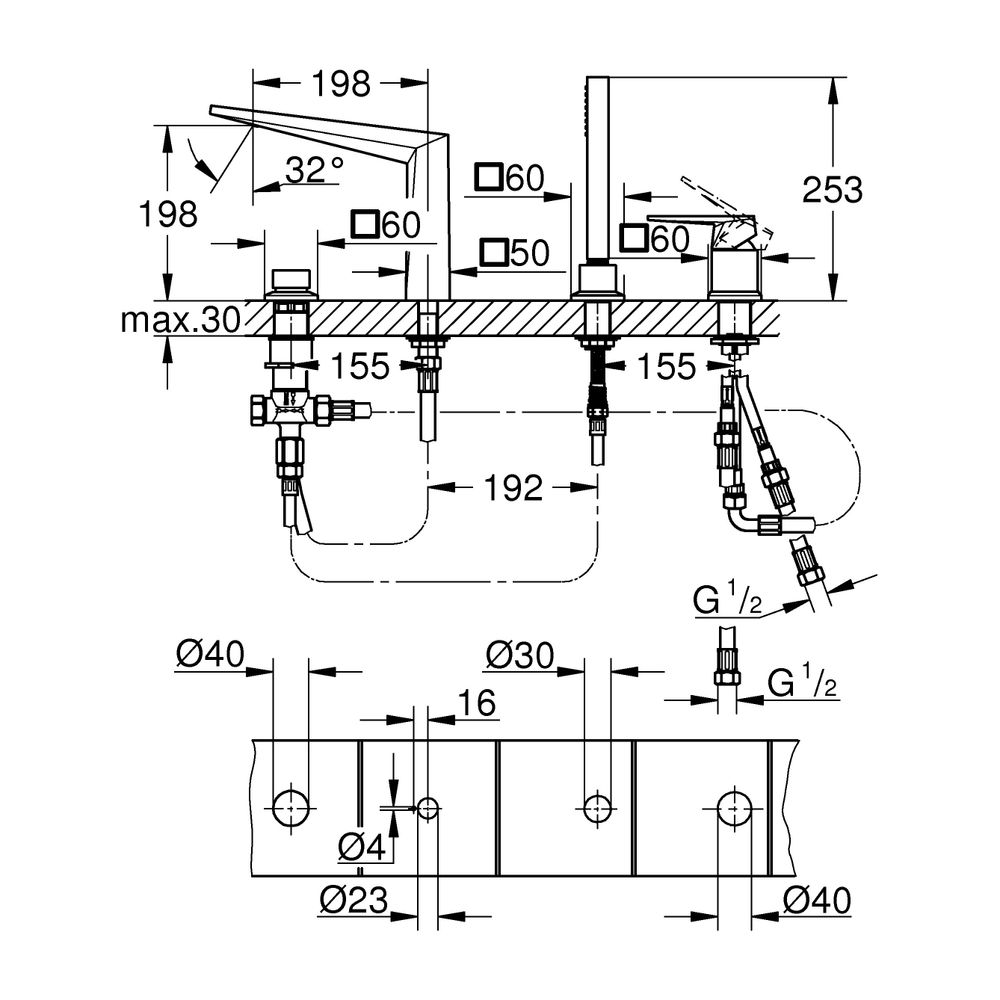Grohe Allure Brilliant 4-Loch-Wannenkombination PC Hard Graphite gebürstet, Griff mit R... GROHE-29523AL0 4005176795657 (Abb. 3)