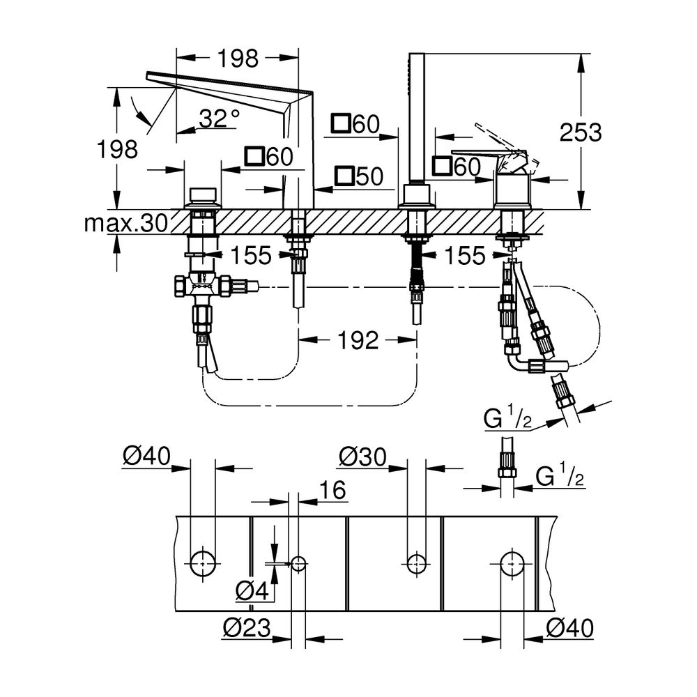 Grohe Allure Brilliant 4-Loch-Wannenkombination PC Hard Graphite gebürstet, Griff White... GROHE-29525AL0 4005176795121 (Abb. 3)