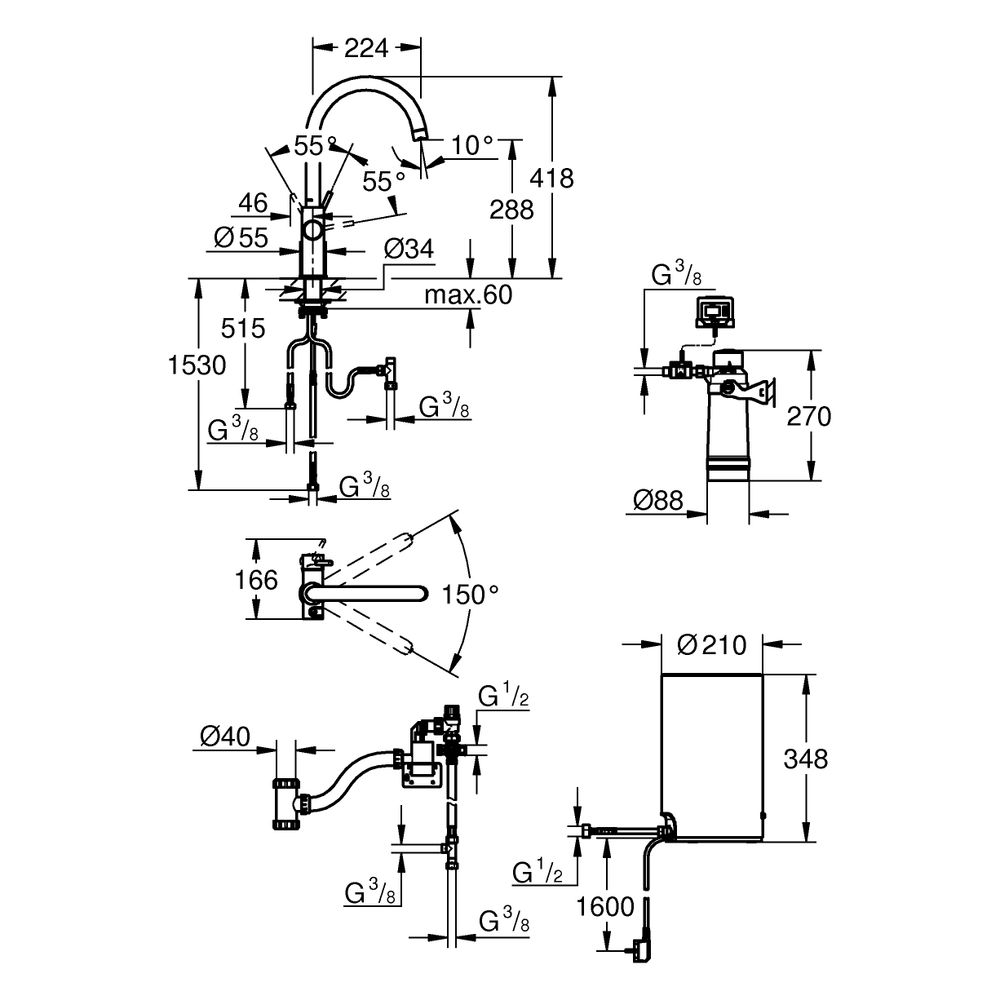 Grohe Red Duo Küchenarmatur, 1-Loch-Montage, Boiler M-Size, C-Auslauf, Hard Graphite ge... GROHE-30083AL1 4005176489068 (Abb. 7)