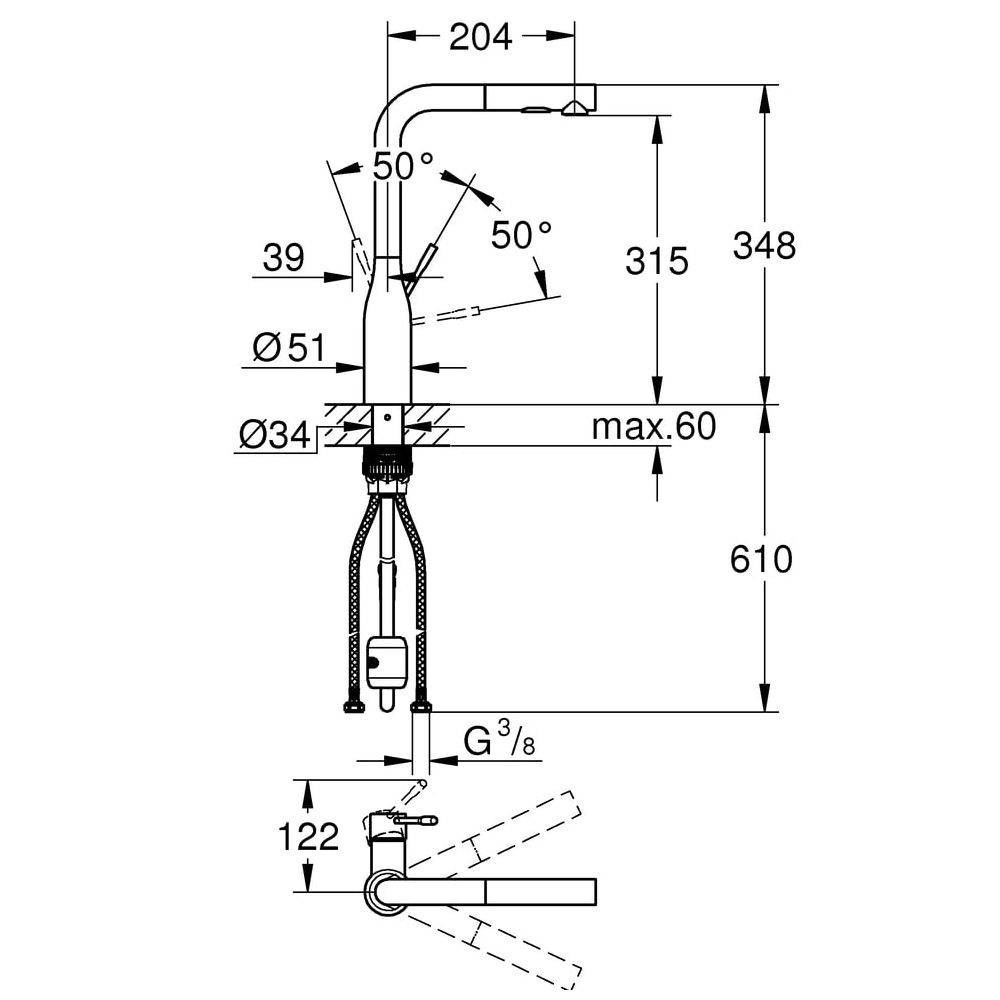 Grohe Essence Einhand-Spültischbatterie, 1-Loch-Montage, Schwenkauslauf, ausziehbare Du... GROHE-30270AL0 4005176427466 (Abb. 3)