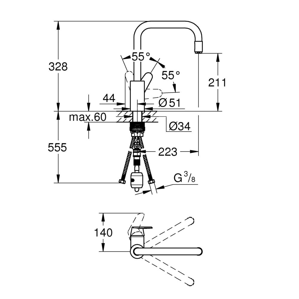 Grohe Eurodisc Cosmopolitan Einhand-Spültischbatterie, herausziehbarer Mousseurauslauf, DN 15, Messi... GROHE-31122004  (Abb. 3)