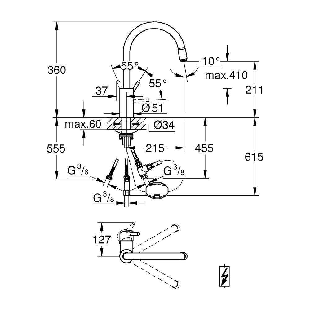 Grohe Concetto Einhand-Spültischbatterie, 1-Loch-Montage, Niederdruck, hoher Auslauf, a... GROHE-31212003 4005176466762 (Abb. 8)