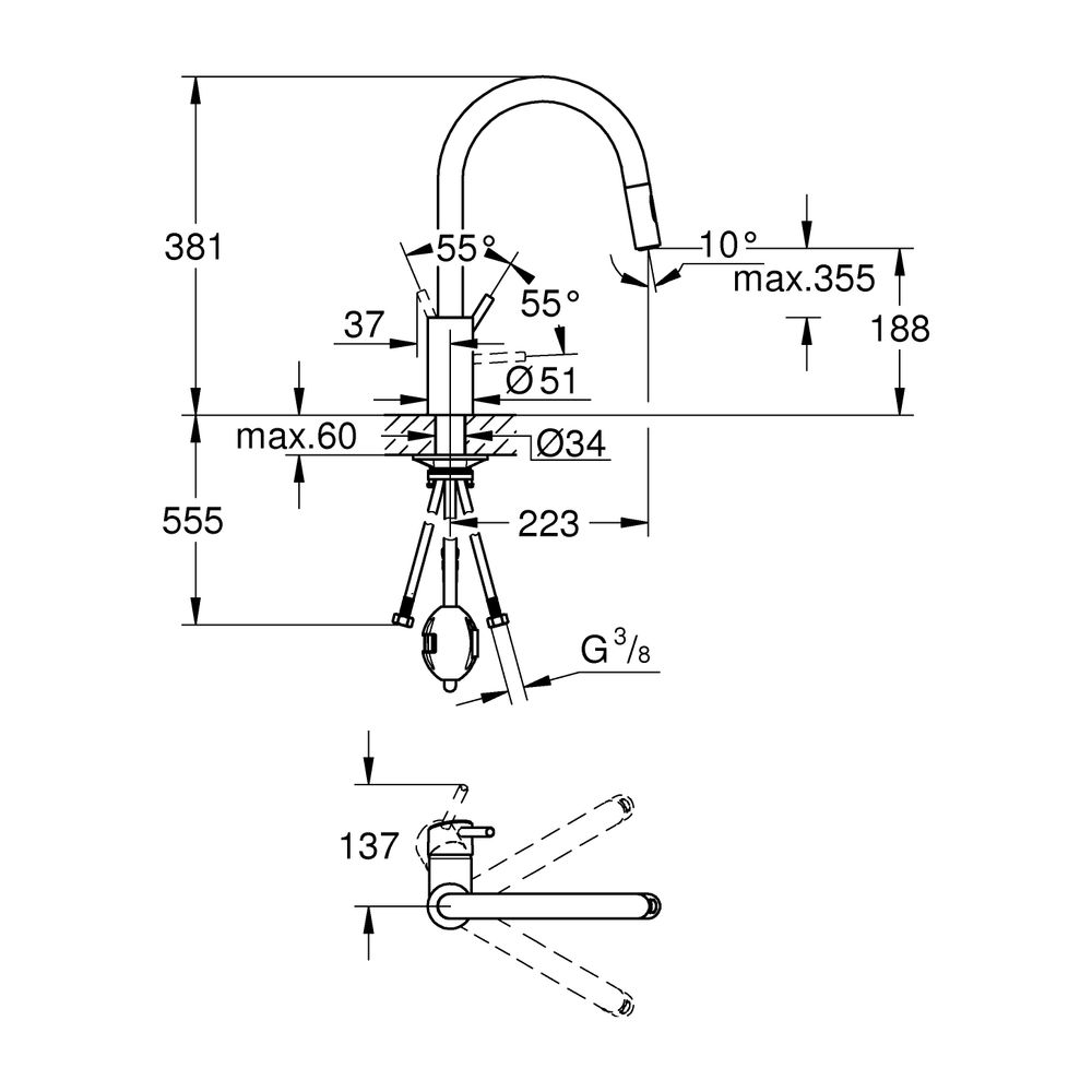 Grohe Concetto Einhand-Spültischbatterie, 1-Loch-Montage, hoher Auslauf, ausziehbare Sp... GROHE-31483DC2 4005176466816 (Abb. 9)