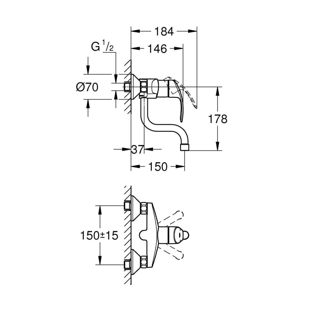 Grohe Eurosmart Einhand-Spültischbatterie, Wandmontage, Ausladung 150mm, Chrom, 31509002... GROHE-31509002  (Abb. 3)
