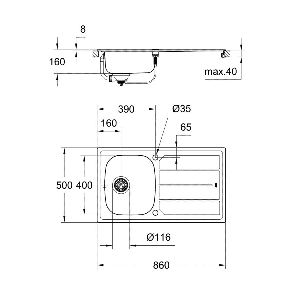 Grohe Edelstahlspüle K200 mit 1 Becken/Abtropffläche 860x500mm, Edelstahl, 31552SD0... GROHE-31552SD0  (Abb. 3)