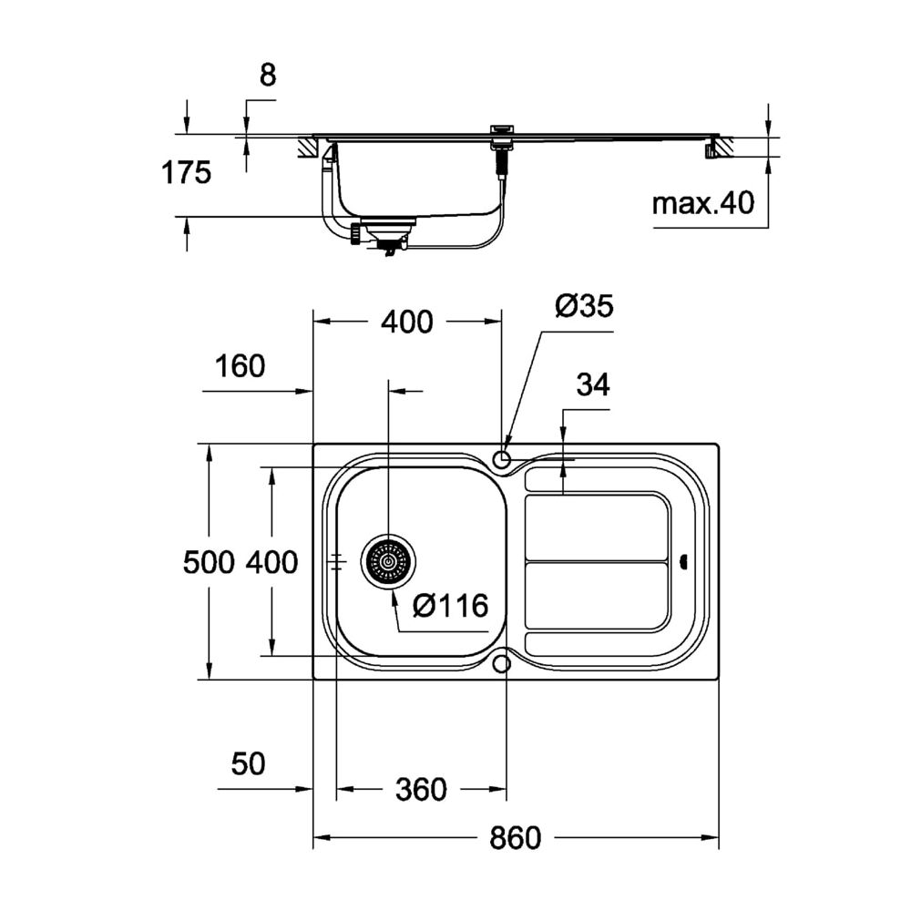 Grohe Edelstahlspüle K300 mit 1 Becken/Abtropffläche 860x500mm, Edelstahl, 31563SD0... GROHE-31563SD0  (Abb. 3)