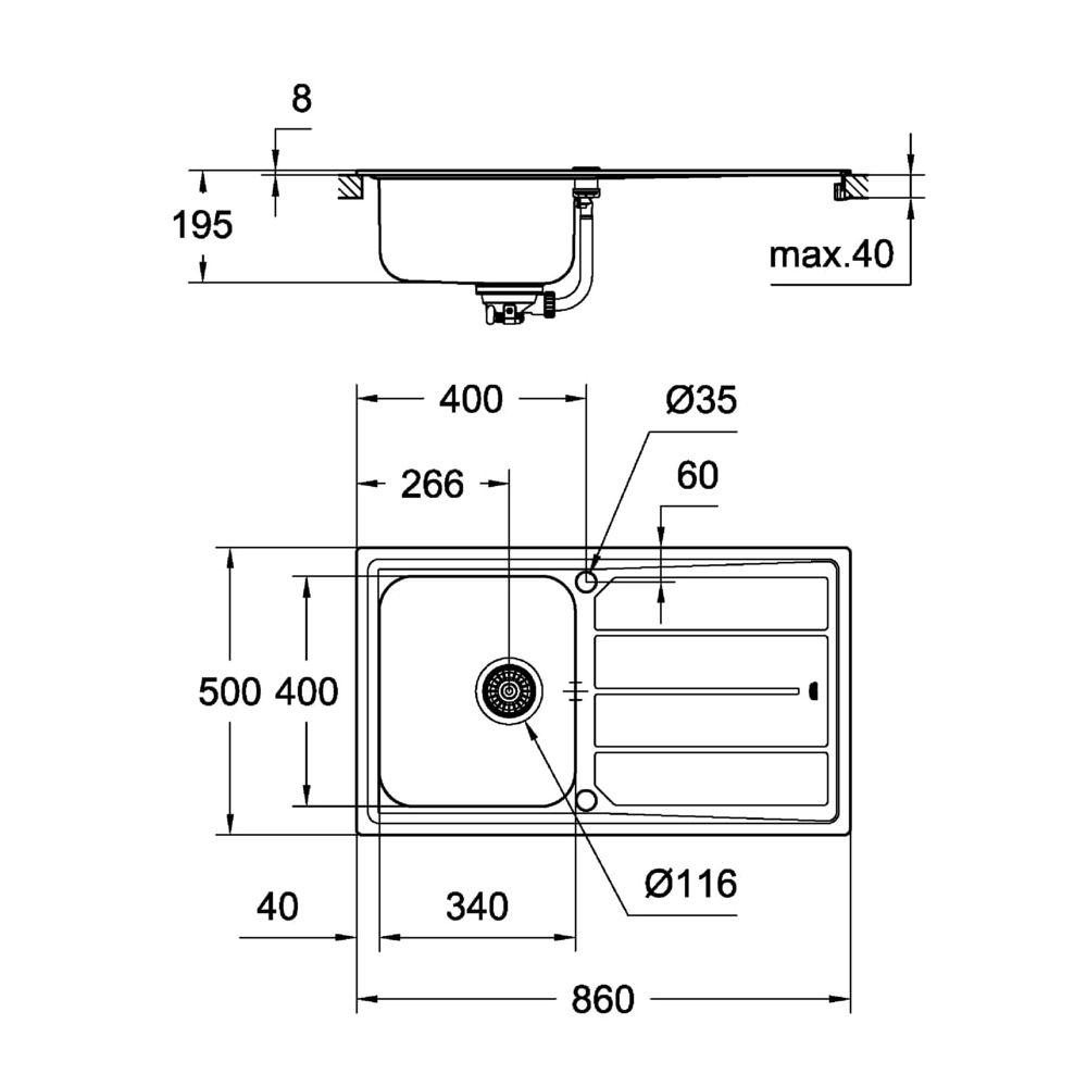 Grohe Edelstahlspüle K500 mit 1 Becken/Abtropffläche 860x500mm, Edelstahl, 31571SD0... GROHE-31571SD0  (Abb. 3)