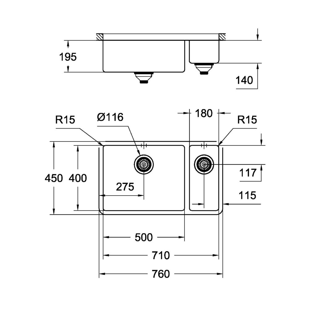 Grohe Unterbau-Edelstahlspüle K700, mit 1,5 Becken 760x450mm, Einbau links, Edelstahl, 31575SD0... GROHE-31575SD0  (Abb. 3)