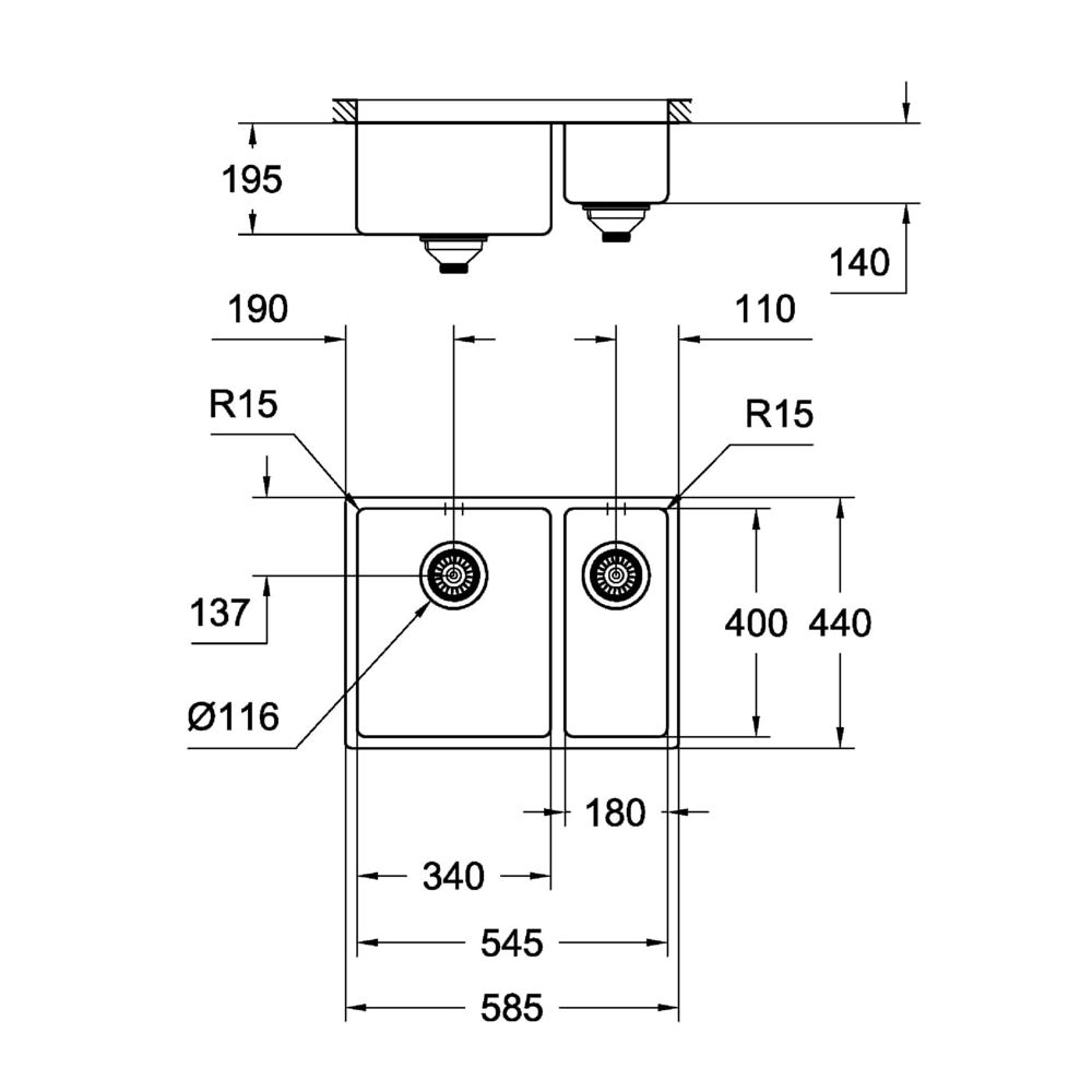 Grohe Unterbau-Edelstahlspüle K700, mit 1,5 Becken 585x440mm, Einbau links, Edelstahl, 31577SD0... GROHE-31577SD0  (Abb. 3)