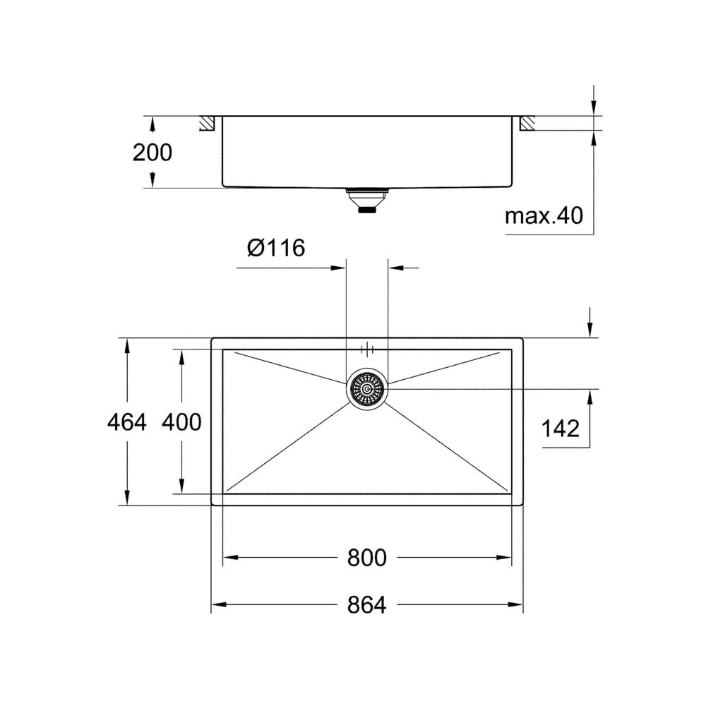 Grohe Edelstahlspüle K700, mit 1 Becken 864x464mm, Einbau flächenbündig, 31580SD0... GROHE-31580SD0  (Abb. 3)
