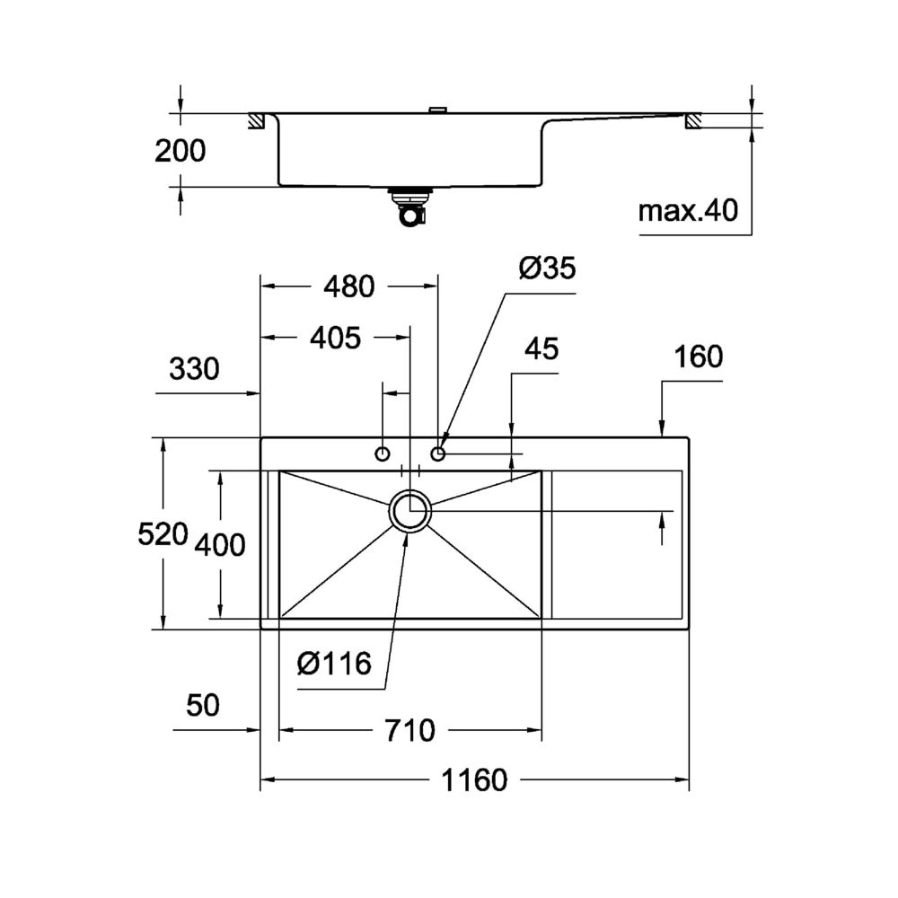 Grohe Edelstahlspüle K1000 mit 1 Becken und Abtropffläche, 1160x520mm, Einbau flächenbü... GROHE-31581SD0 4005176473388 (Abb. 3)