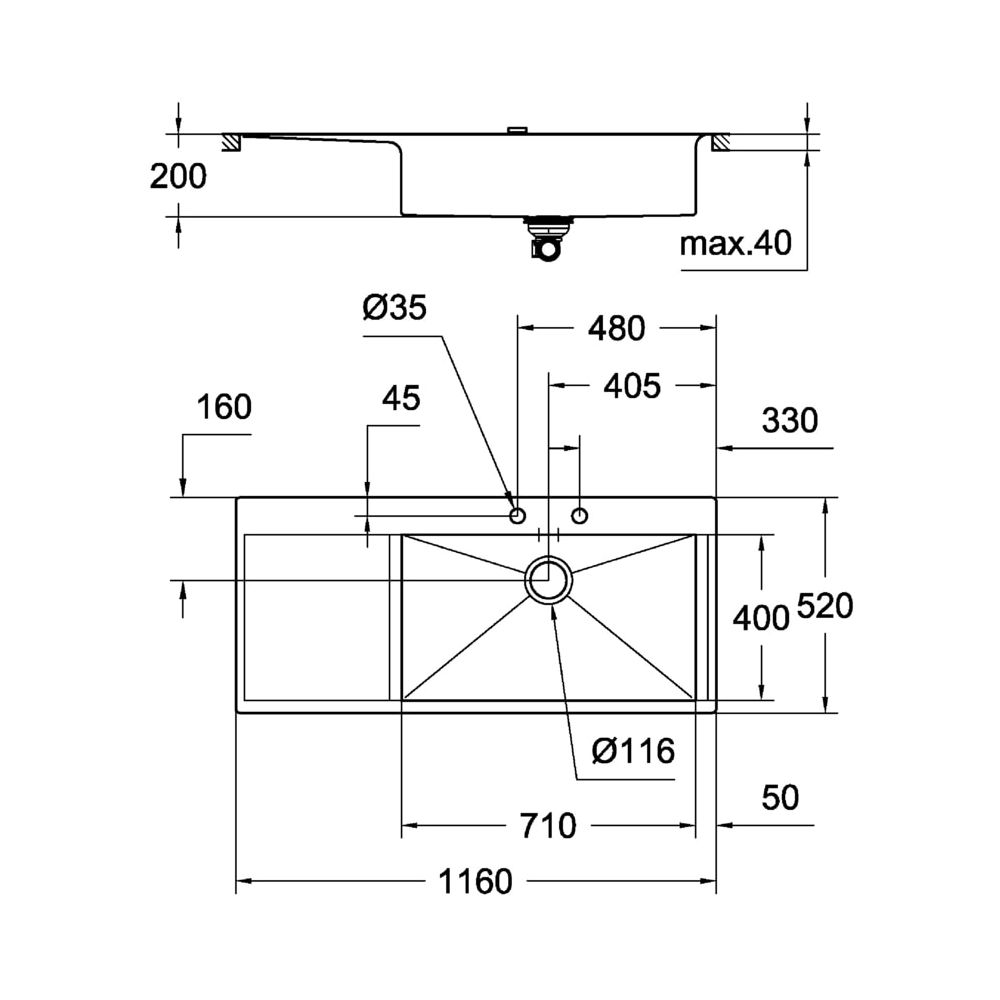 Grohe Edelstahlspüle K1000 mit 1 Becken und Abtropffläche, 1160x520mm, Einbau flächenbü... GROHE-31582SD0 4005176473395 (Abb. 3)