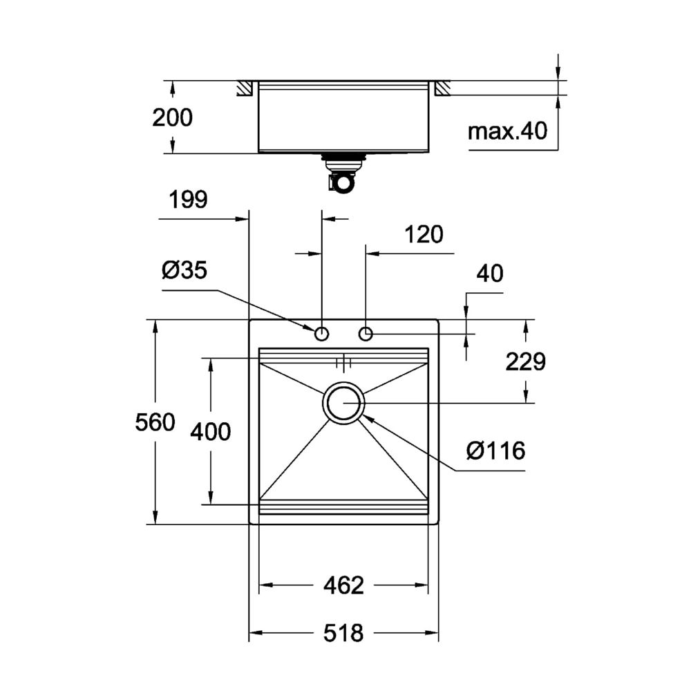 Grohe Edelstahlspüle K800 mit 1 Becken, 518x560mm, Einbau flächenbündig, Oberfläche Sat... GROHE-31583SD0 4005176473401 (Abb. 3)