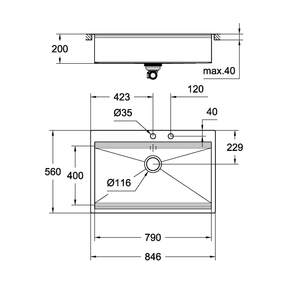 Grohe Edelstahlspüle K800 mit 1 Becken, 846x560mm, Einbau flächenbündig, Oberfläche Sat... GROHE-31584SD0 4005176473418 (Abb. 3)