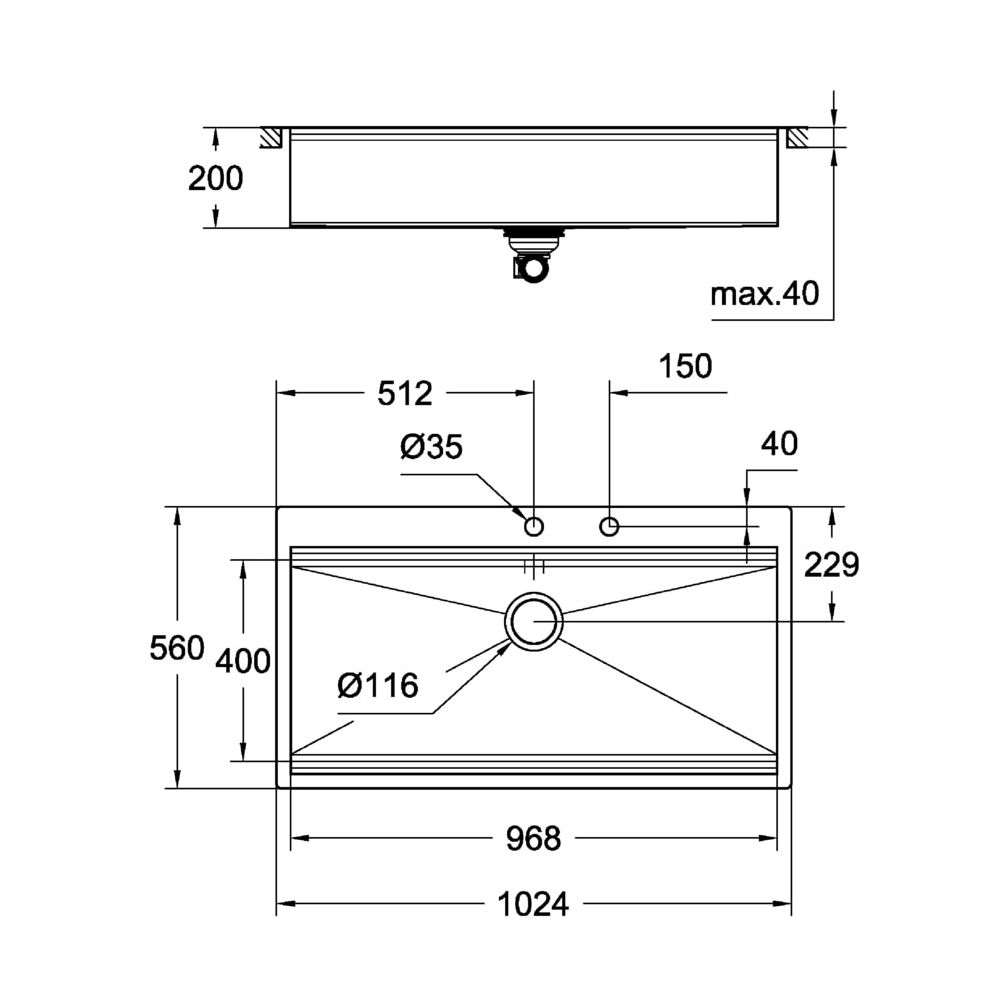 Grohe Edelstahlspüle K800 mit 1 Becken, 1024x560mm, Einbau flächenbündig, Oberfläche Sa... GROHE-31586SD0 4005176473432 (Abb. 3)
