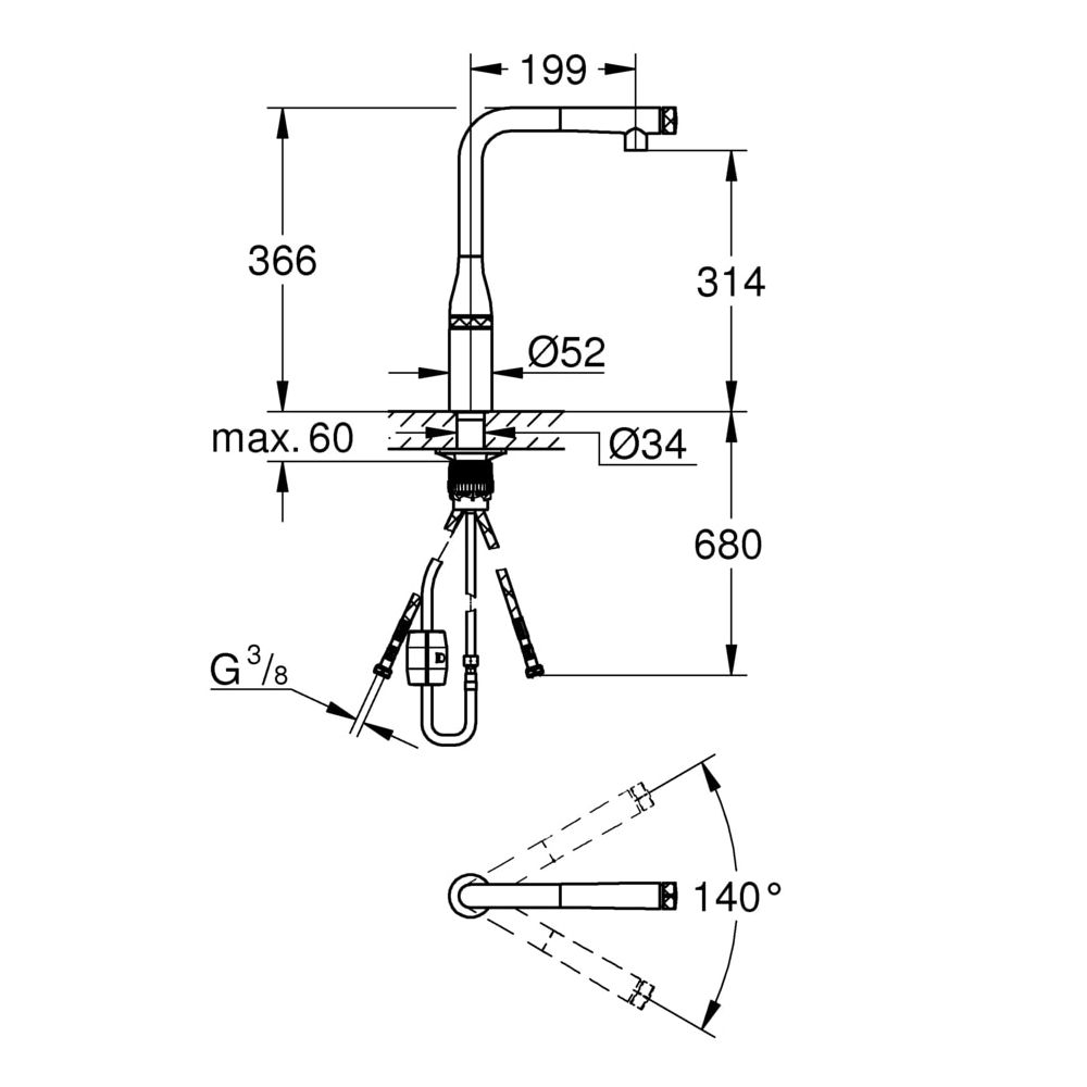 Grohe Essence Smart Control Spültisch-Batterie, L-Auslauf, ausziehbare Spülbrause, Nickel poliert, 3... GROHE-31615BE0  (Abb. 3)