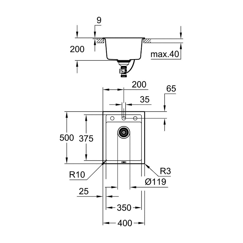Grohe Kompositspüle K700, 1 Becken, 400x500mm, Granit Schwarz, 31650AP0... GROHE-31650AP0 4005176521287 (Abb. 12)