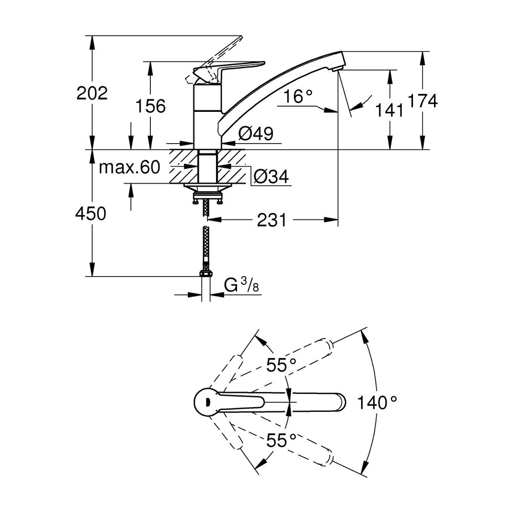 Grohe BauEdge Spültischbatterie Einlochmontage Einhand, 140 Grad Schwenkbereich, Chrom... GROHE-31680000 4005176530487 (Abb. 13)