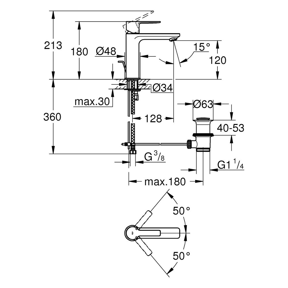 Grohe Lineare Einhand-Waschtischbatterie, S-Size, 1-Loch-Montage, Zugstangen-Ablaufgarn... GROHE-32114GN1 4067393101444 (Abb. 3)