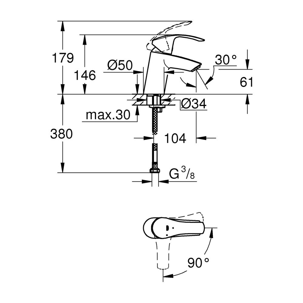 Grohe Eurosmart Einhand-Waschtischbatterie, S-Size, 5l/min, Messing, Chrom, 32154002... GROHE-32154002 4005176862113 (Abb. 3)