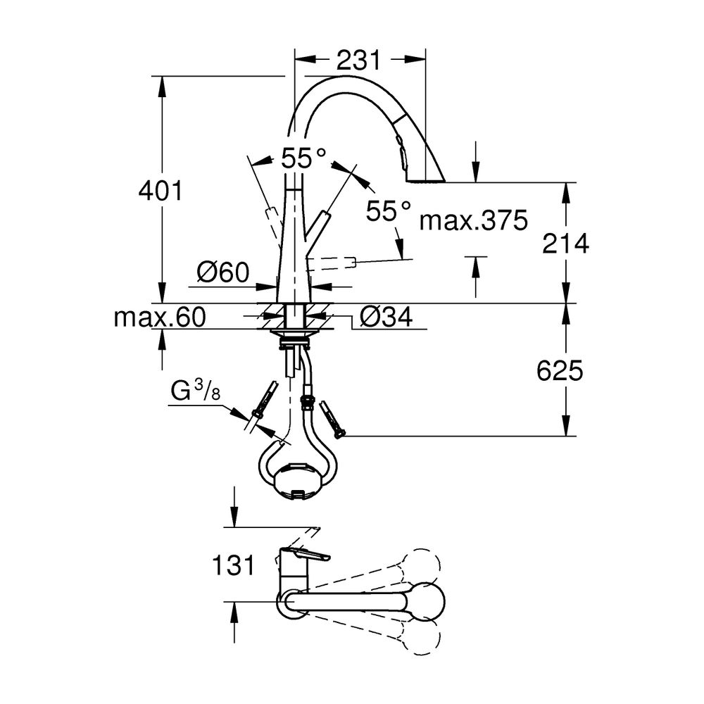 Grohe Zedra 1-Loch-Einhand-Spültischbatterie, C-Ausladung ausziehbar 3-Strahl-Spülbrau... GROHE-32294002 4005176466496 (Abb. 17)