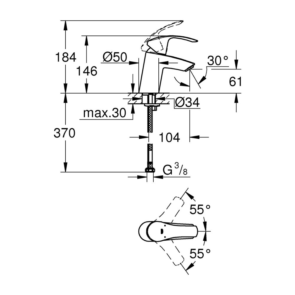 Grohe Eurosmart Einhand-Waschtischbatterie, S-Size, 3/8", Messing, Chrom, 32467002... GROHE-32467002 4005176862069 (Abb. 3)