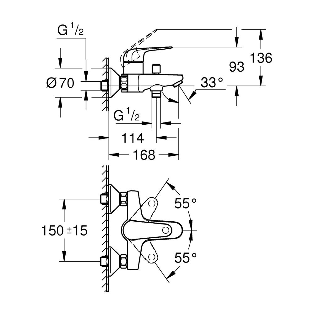 Grohe Euroeco Einhand-Wannenbatterie, Wandmontage, Temperaturbegrenzer, S-Anschlüsse, C... GROHE-32743001 4005176743313 (Abb. 3)