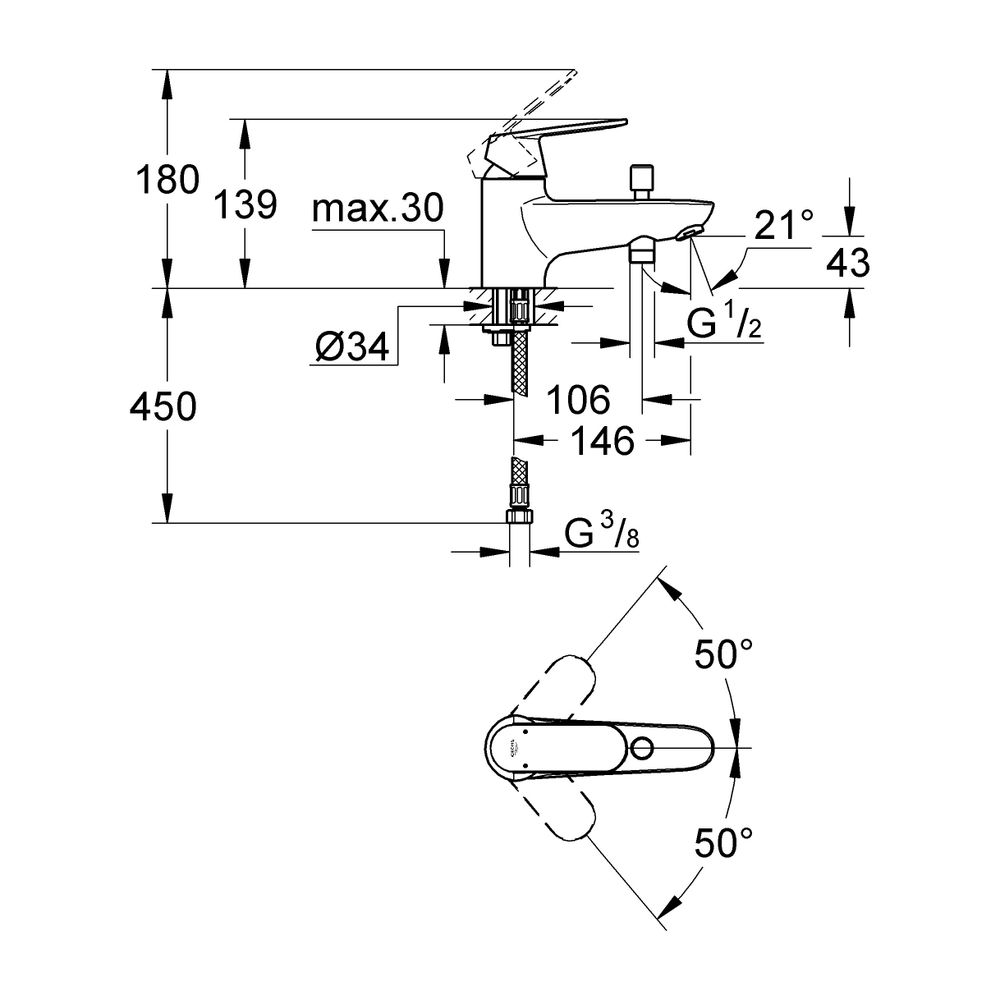 Grohe Eurosmart Cosmopolitan 1-Loch-Einhand-Wannenbatterie, Keramikkartusche mit Eco-Ov... GROHE-32836000 4005176874758 (Abb. 3)