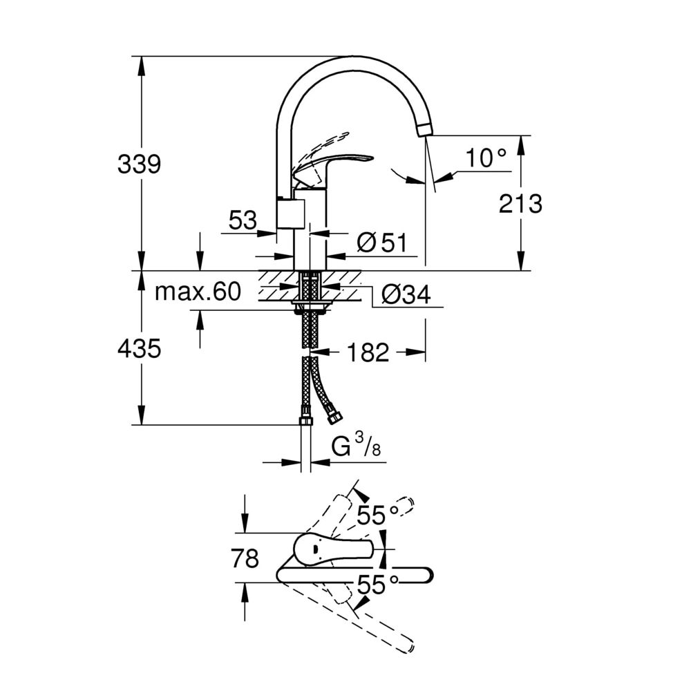 Grohe Eurosmart Einhand-Spültischbatterie, 1-Loch-Montage, hoher Auslauf, Chrom, 33202002... GROHE-33202002  (Abb. 3)