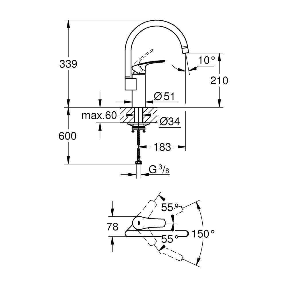 Grohe Eurosmart Einhand-Spültischbatterie, 1-Loch-Montage, hoher Auslauf, schwenkbarer... GROHE-33202003 4005176635588 (Abb. 10)