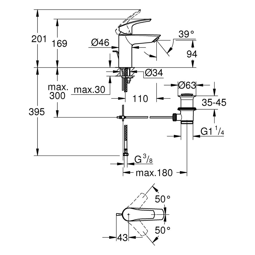 Grohe Eurosmart Einhand-Waschtischbatterie, S-Size, Temperaturbegrenzer, Zugstangen-Gar... GROHE-33265003 4005176613197 (Abb. 8)