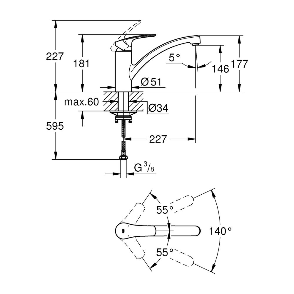 Grohe Eurosmart Einhand-Spültischbatterie, 1-Loch-Montage, flacher Auslauf, EcoJoy 5,7l... GROHE-3328130E 4005176635410 (Abb. 8)