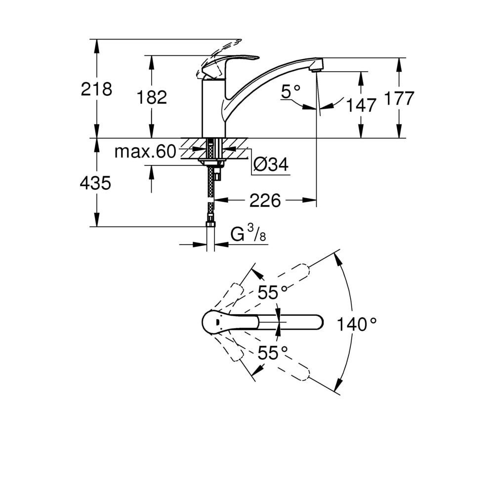 Grohe Eurosmart Einhand-Spültischbatterie, 1-Loch-Montage, flacher Auslauf, Supersteel, 33281DC2... GROHE-33281DC2  (Abb. 3)