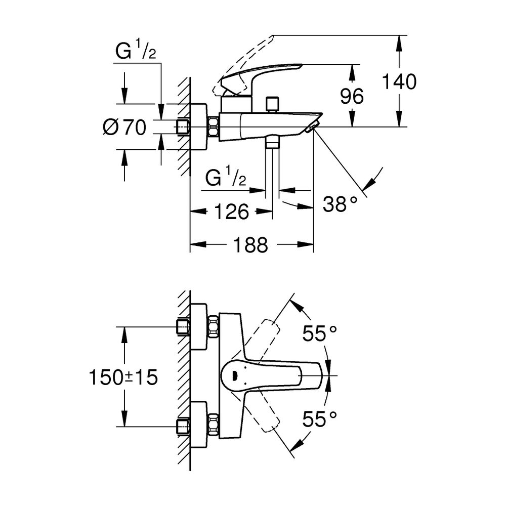 Grohe Eurosmart 1-Loch-Einhand-Wannenbatterie Wandmontage, Mattschwarz... GROHE-333002433 4067393017332 (Abb. 3)