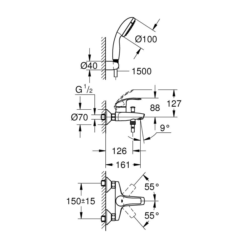 GROHE EH-Wannenbatterie Eurosmart 33302_2 mit Wandhalterset chrom... GROHE-3330220A 4005176456510 (Abb. 3)