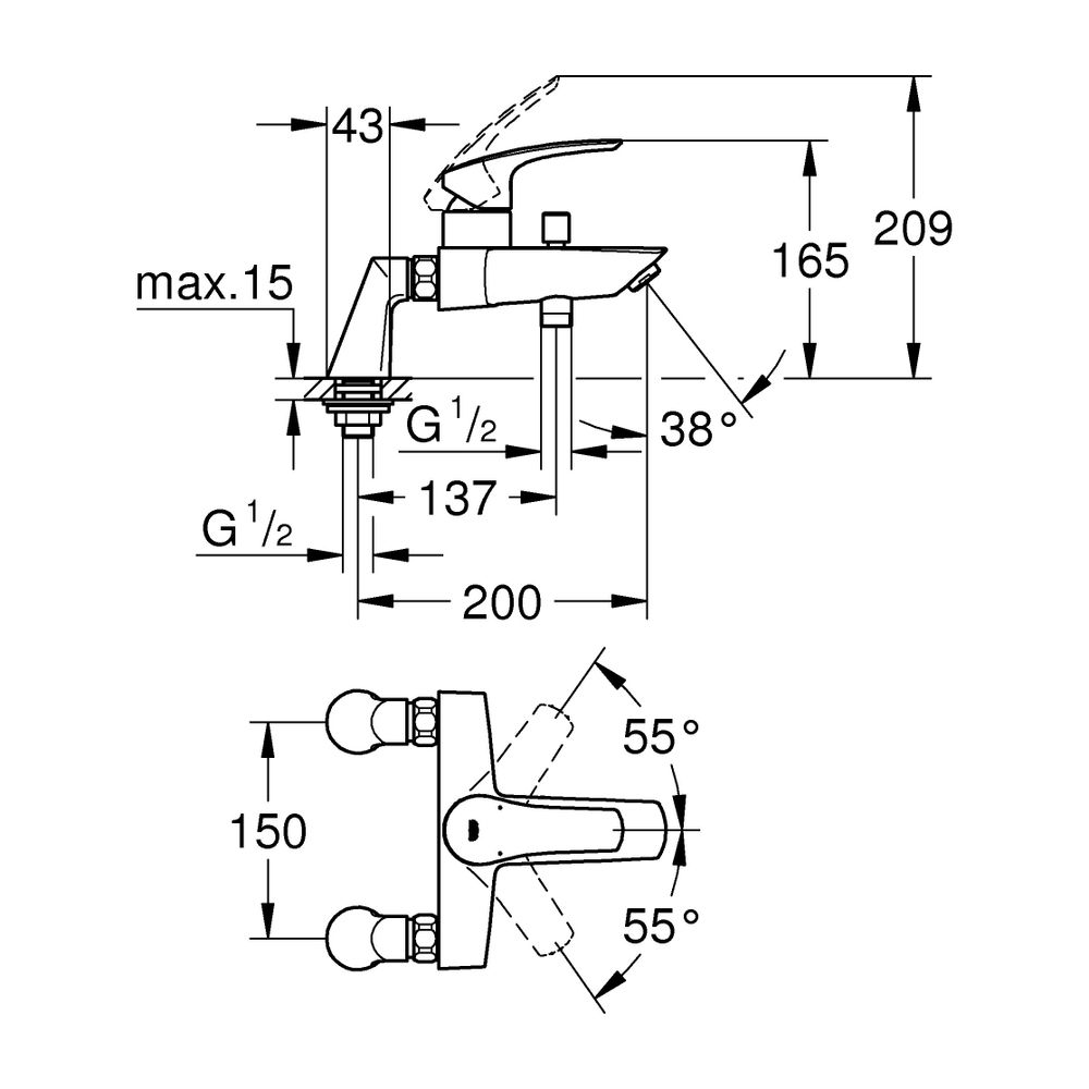 Grohe Eurosmart Einhand-Wannenbatterie, Standmontage, Chrom, Keramikkartusche mit Eco-O... GROHE-33303003 4005176613524 (Abb. 3)