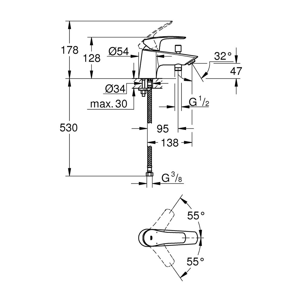Grohe Eurosmart Einhand-Wannenbatterie, Einlochmontage, Chrom, Keramikkartusche mit Eco... GROHE-33412003 4005176613517 (Abb. 3)