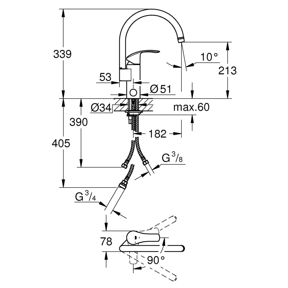 Grohe Eurosmart Einhand-Spültischbatterie, 1-Loch-Montage, flacher Auslauf, Chrom, 33490002... GROHE-33490002  (Abb. 3)